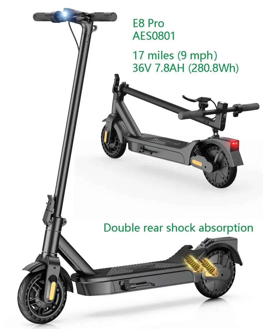 E10/8 Electric Scooter 1000/500W 20mph Max Speed 10"/8.5" Tire Folding E-Scooter 40/20miles Max Range Dual Suspension for Adult by Beastly Survival Outlet