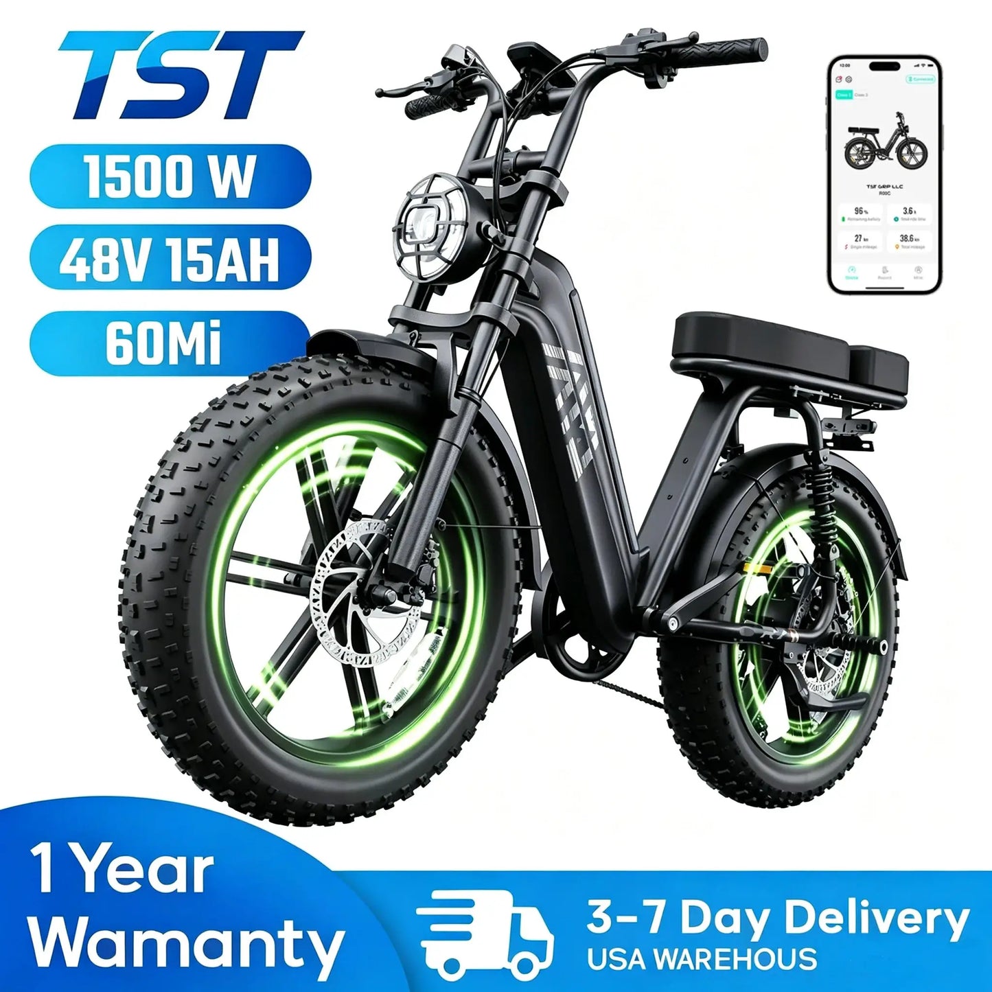 TST 1500W Electric Bike, 48V 15Ah, 28 MPH, 60 Miles Range, 20" Fat Tires, Rear Seat by Beastly Survival Outlet