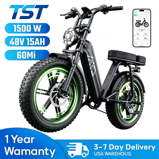 TST 1500W Electric Bike, 48V 15Ah, 28 MPH, 60 Miles Range, 20" Fat Tires, Rear Seat by Beastly Survival Outlet
