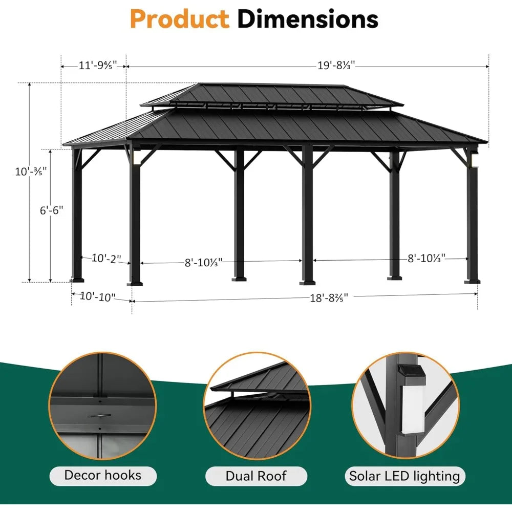 Modern Shade Horizon Hardtop Gazebo 12x20 Ft With LED Lights