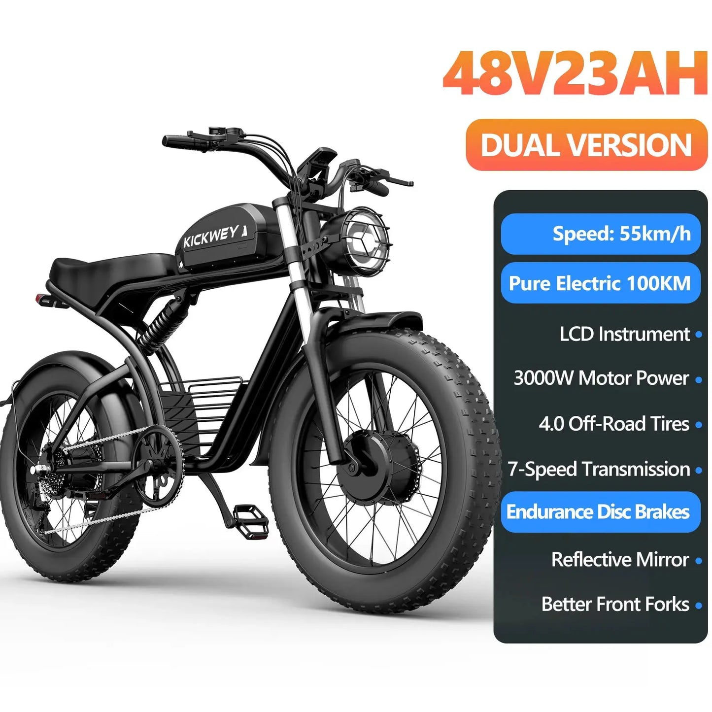 KICKWEY K7 Electric Bike, Off-Road Electric bicycle, Full Suspension E-Bike, 20" Fat Tire All-Terrain Electric Dirt bike, Ebike by Beastly Survival Outlet