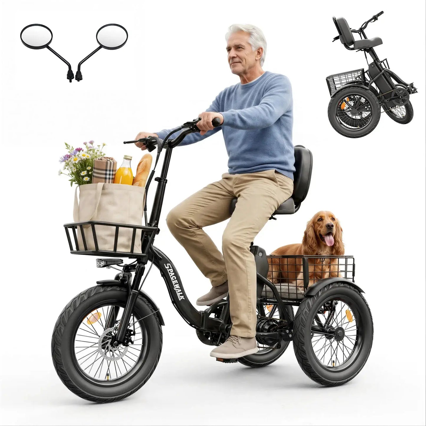Spacewalk 1200W Peak Electric Trike for Adults, 48V 15Ah Battery 3 Wheel Electric Bike with 18"x3.0 Fat Tires, 60 Miles Range, Folding Cargo E-Bike with Wide Comfort Seat & Basket for Seniors-Black by Beastly Survival Outlet