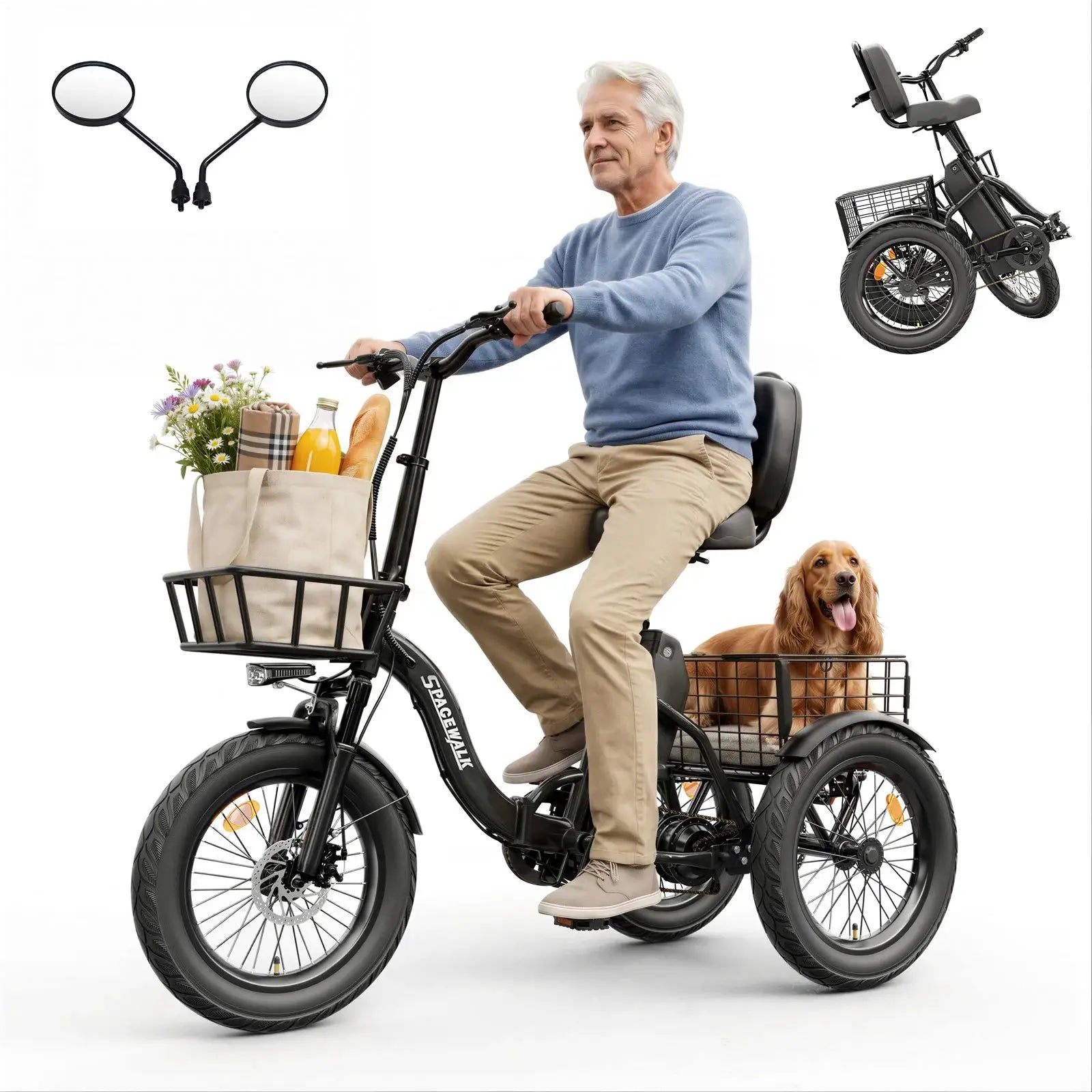 Spacewalk 1200W Peak Electric Trike for Adults, 48V 15Ah Battery 3 Wheel Electric Bike with 18"x3.0 Fat Tires, 60 Miles Range, Folding Cargo E-Bike with Wide Comfort Seat & Basket for Seniors-Black by Beastly Survival Outlet