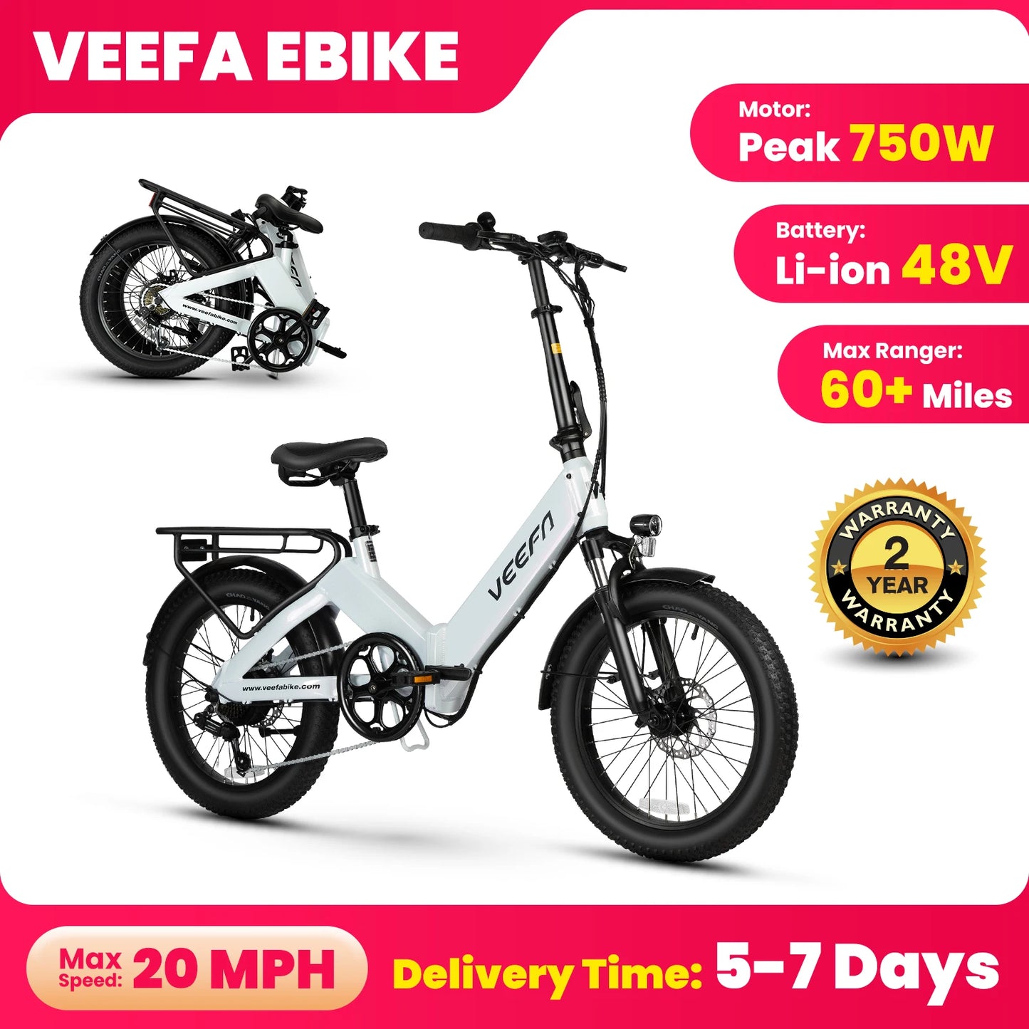 VEEFA F1 Folding Electric Bike 750W 60 Miles Range City Ride