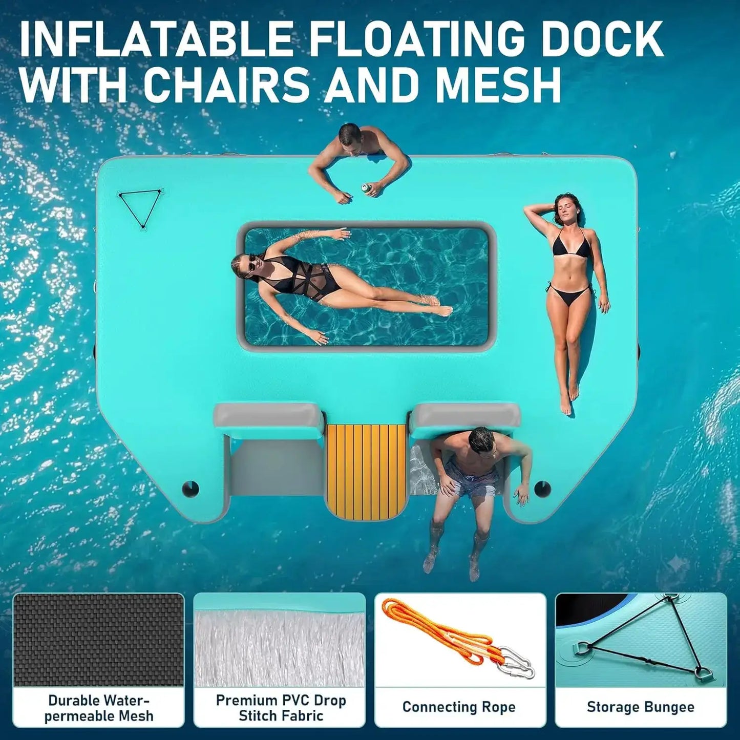 Large Inflatable Floating Dock, Inflatable Water Platform Mat with Chairs, 12x8FT Heavy Duty Lake Raft Pool Float, Custom by Beastly Survival Outlet