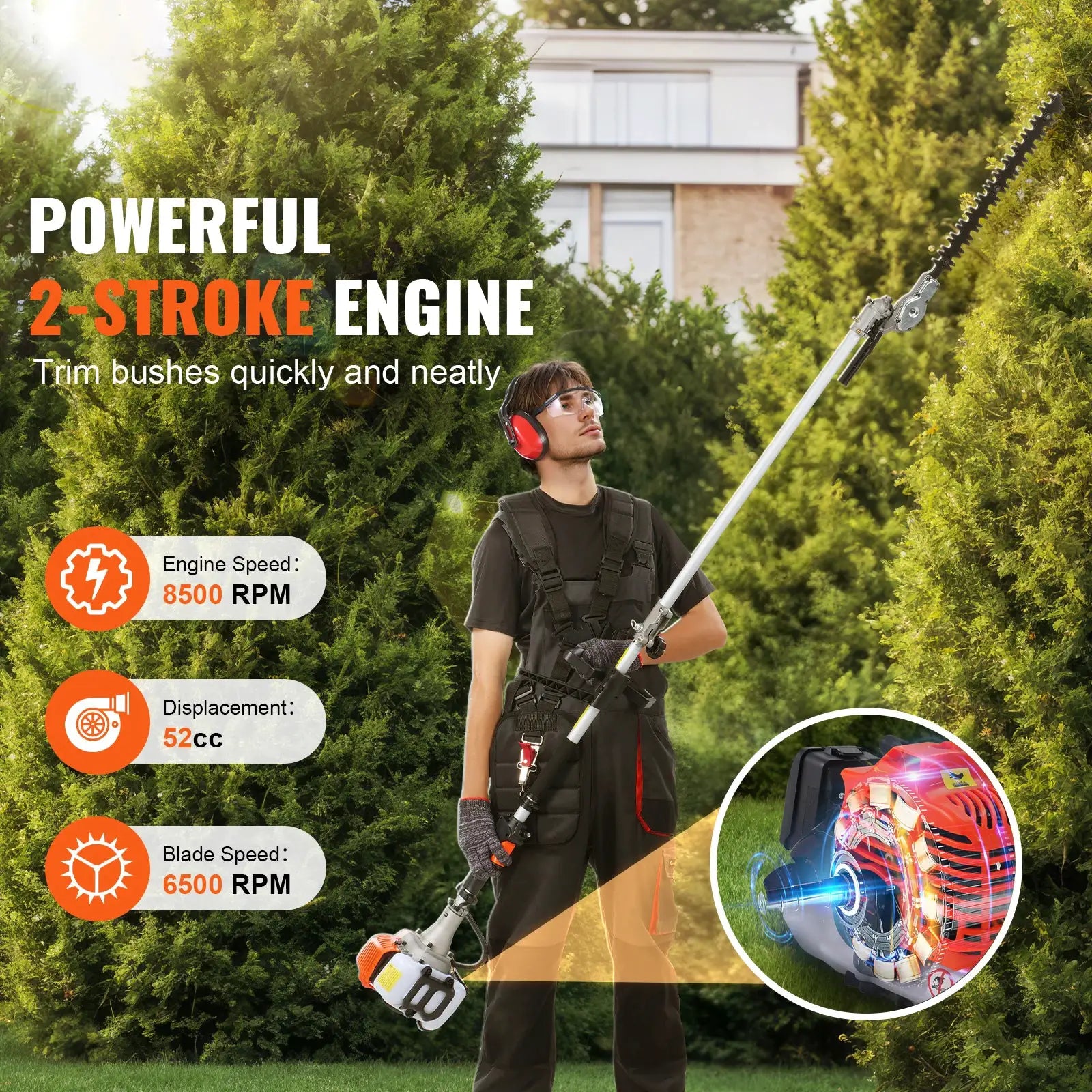 SucceBuy 52CC 6-in-1 MultiFunctional Trimming Tools Gas Hedge Trimmer Weed Eater String Trimmer Brush Cutter Edger Pole Chainsaw by Beastly Survival Outlet