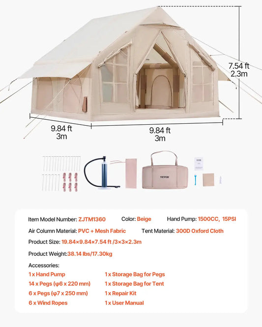 SucceBuy Inflatable Tents for Camp Easy Setup Blow up Tent with Hand Pump 300D Oxford Tent with Stove Jack Storage Bag Included by Beastly Survival Outlet