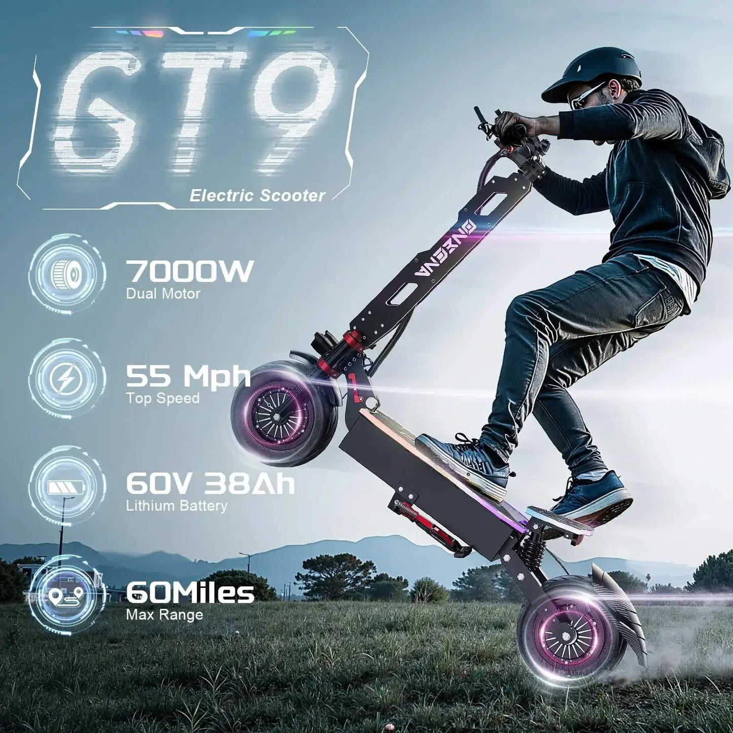 ONECNA NEW GT9 GT8 GT7 Adult Electric Scooter, 5600W/7000W Dual Motors, Maximum Speed up to 45 50 55 MPH, Equipped with 60V 33Ah/38Ah Battery, Maximum Speed up to 50/55 MPH, Large Display Screen, 11 Inch/12 inch Tubeless Tire by Beastly Survival Outlet
