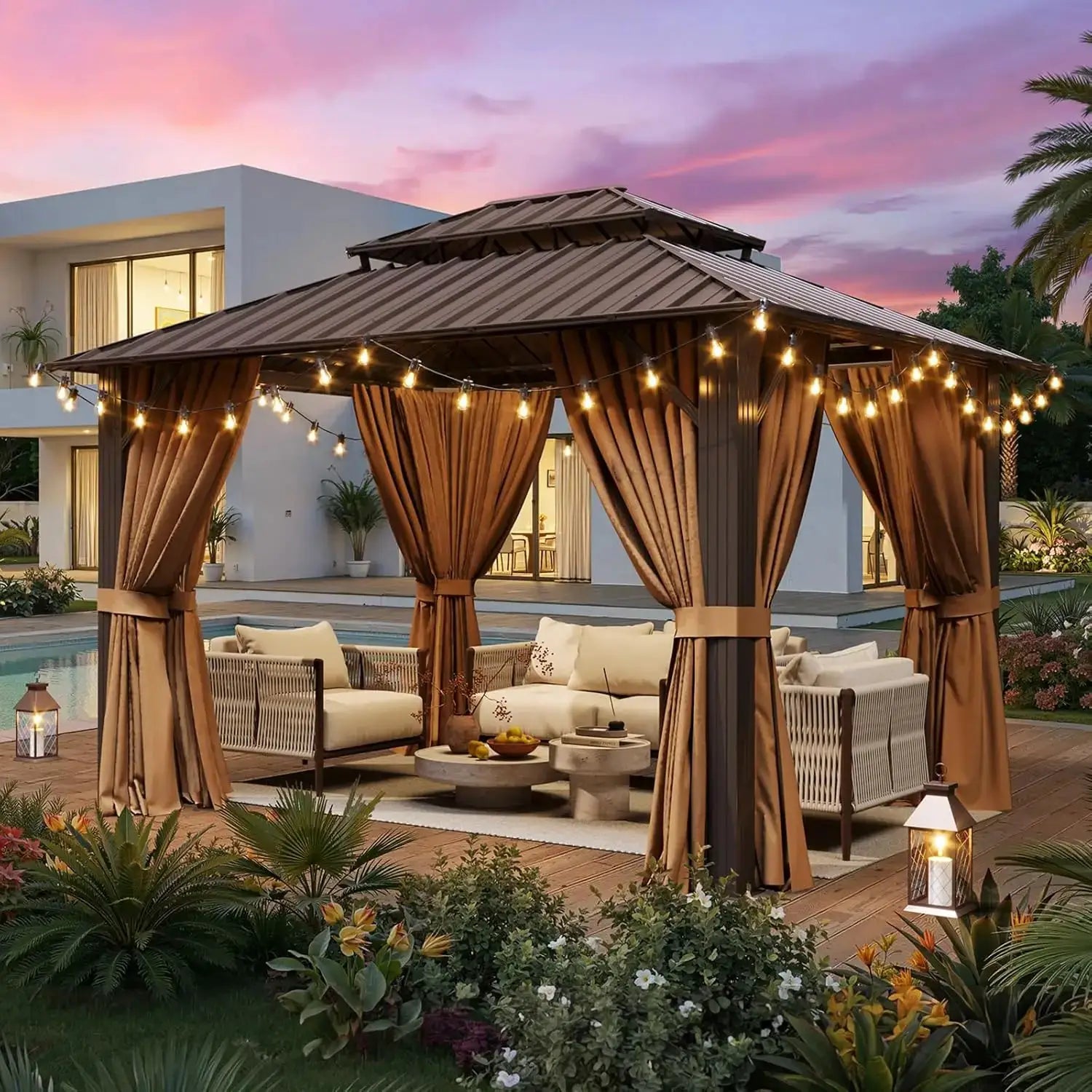 10x12FT Hardtop Gazebo Galvanized Steel Roof Curtains & Netting Backyard Patio, Custom by Beastly Survival Outlet