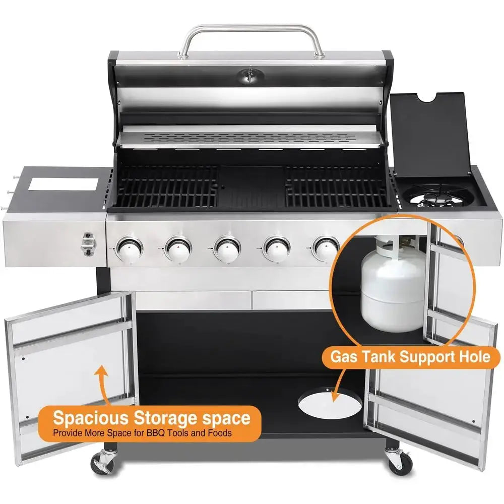 Large 6-Burner Propane Gas Grill with Side Burner, Cast Iron Grates, Plate, Lid, Warming Rack, 620 Sq. In. Cooking Area for Back by Beastly Survival Outlet