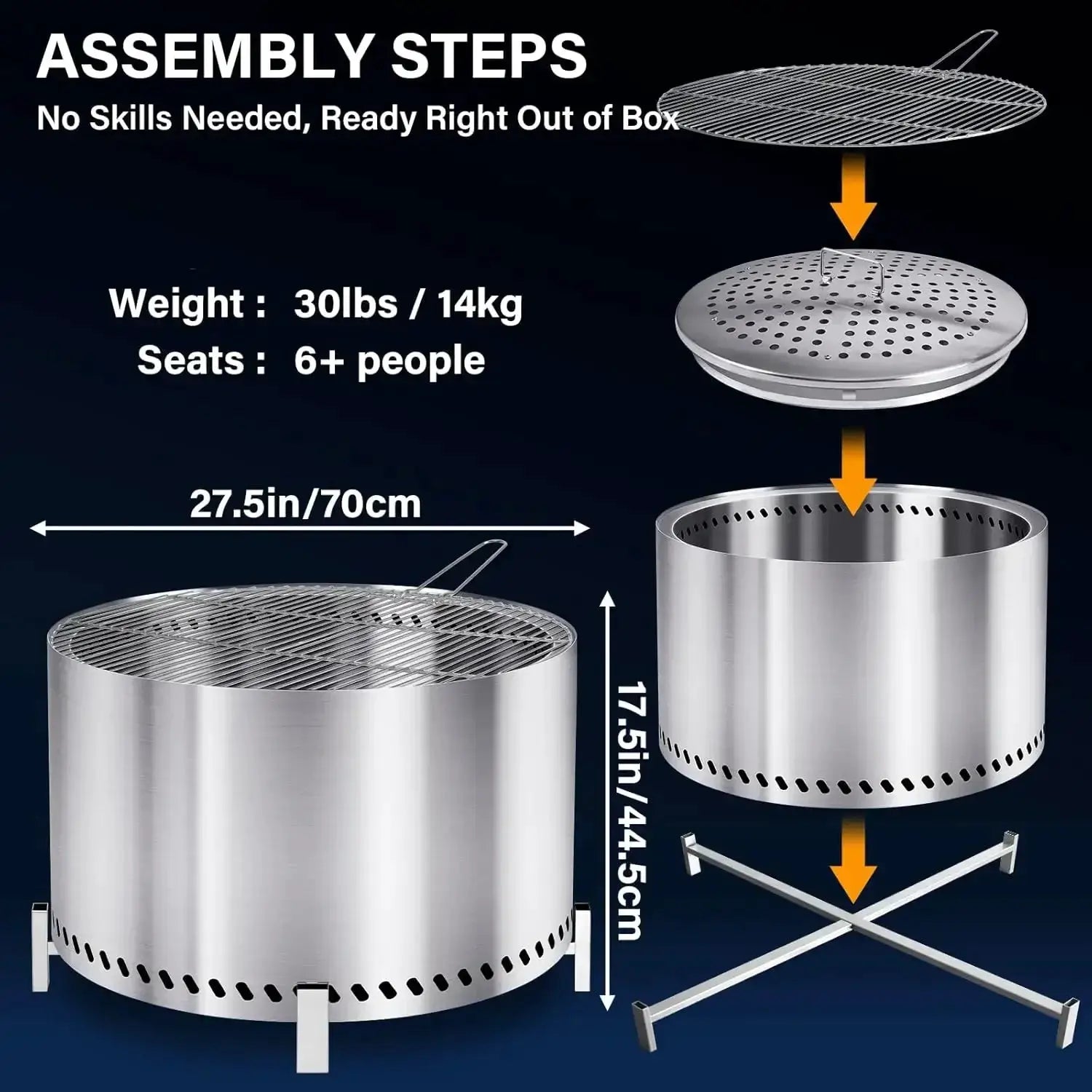 28" Smokeless Firepit with Stand & Grill Rack, Large Stainless Steel Wood Burning Fire Pit for Friends & Family Gatherings, Seco by Beastly Survival Outlet