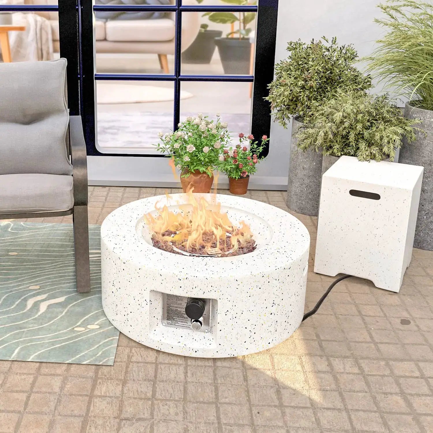 40000 BTU 28in Concrete Propane Fire Pit Table Smokeless Outside with Cover Lava Rocks Garden Deck Backyard, Customized by Beastly Survival Outlet