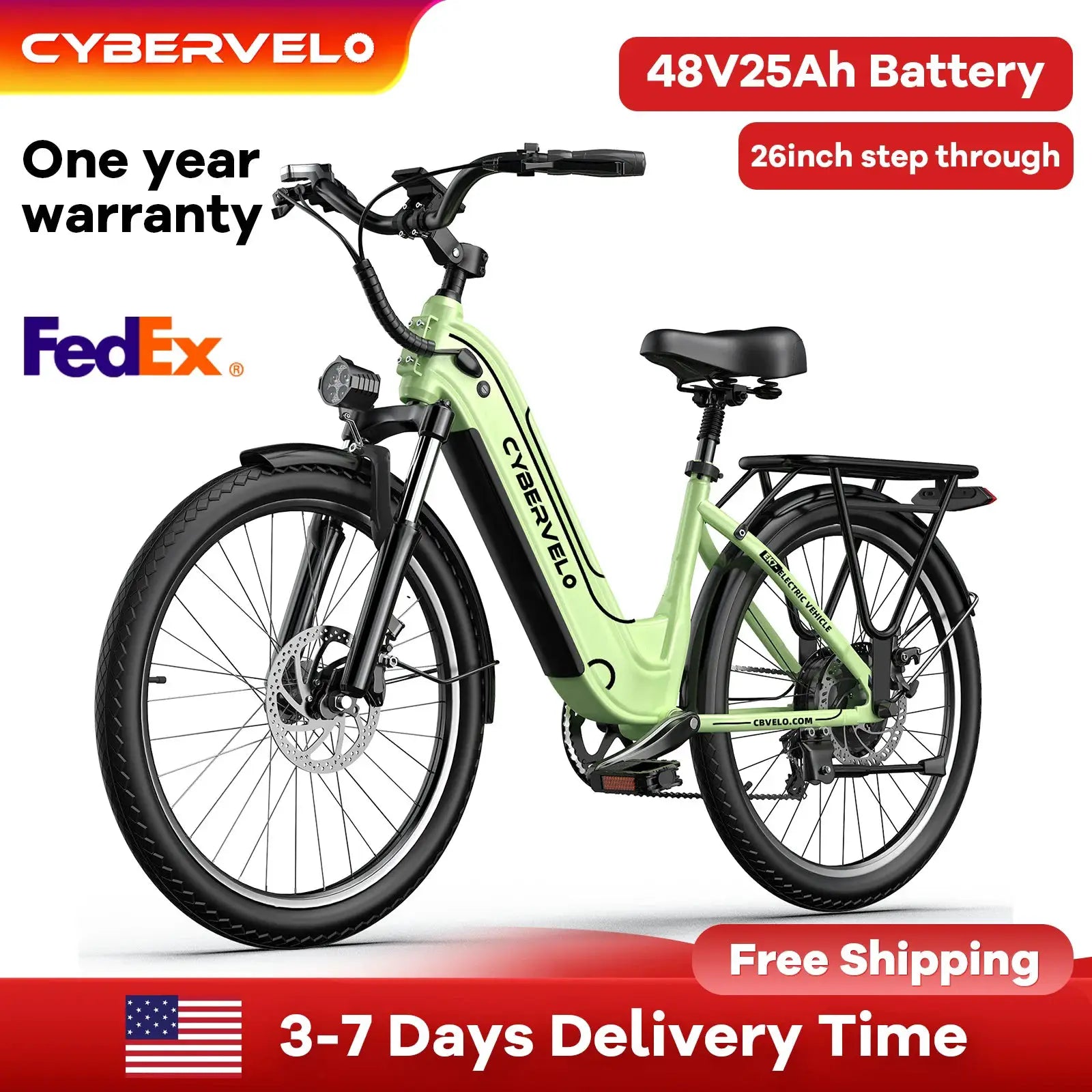 Cybervelo 26" Step-Thru Commuter, 1000W Peak 48V 25Ah Detachable Battery, Long Range 7-Speed Shift Electric Bike for Adult EK7 by Beastly Survival Outlet