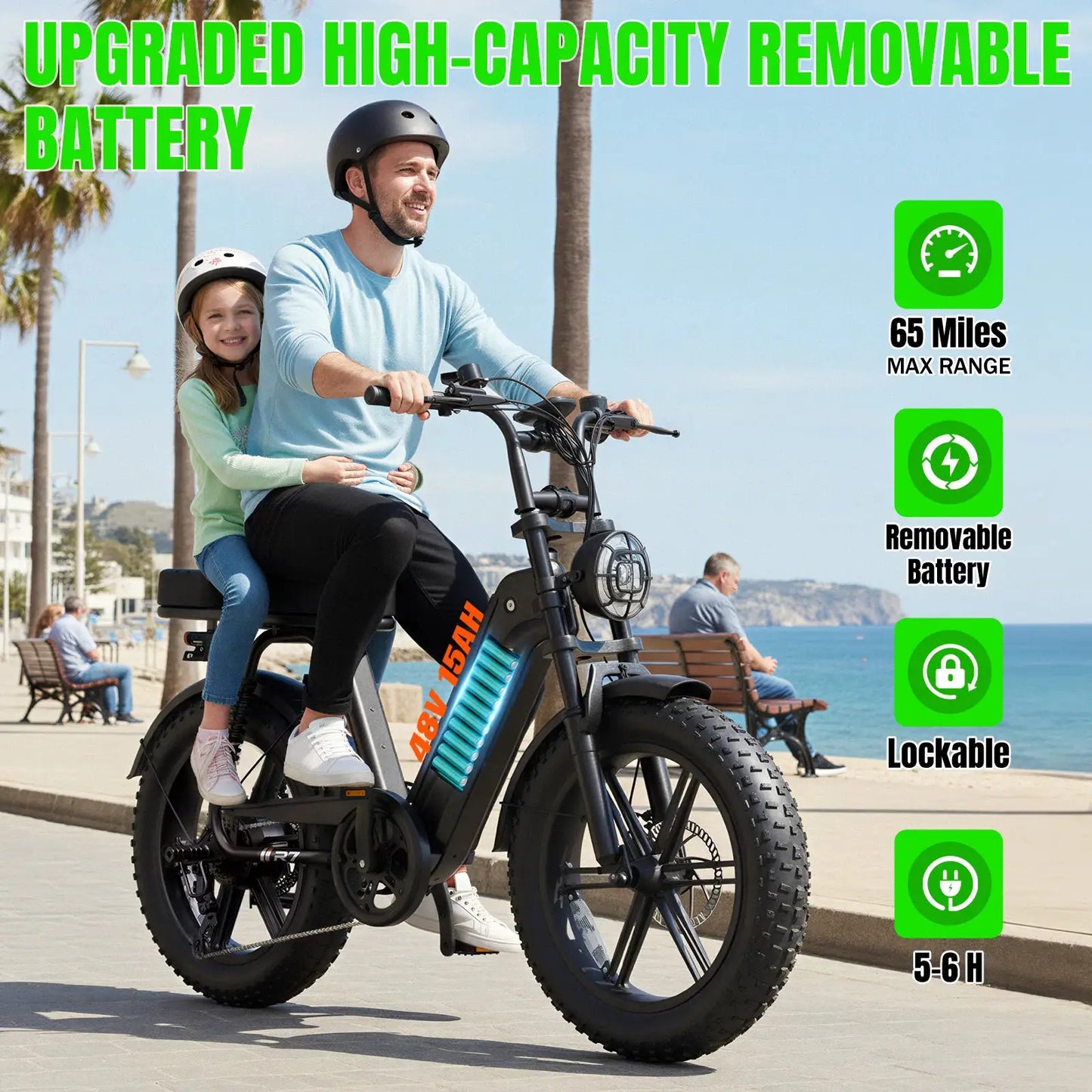 TST 1500W Electric Bike, 48V 15Ah, 28 MPH, 60 Miles Range, 20" Fat Tires, Rear Seat by Beastly Survival Outlet