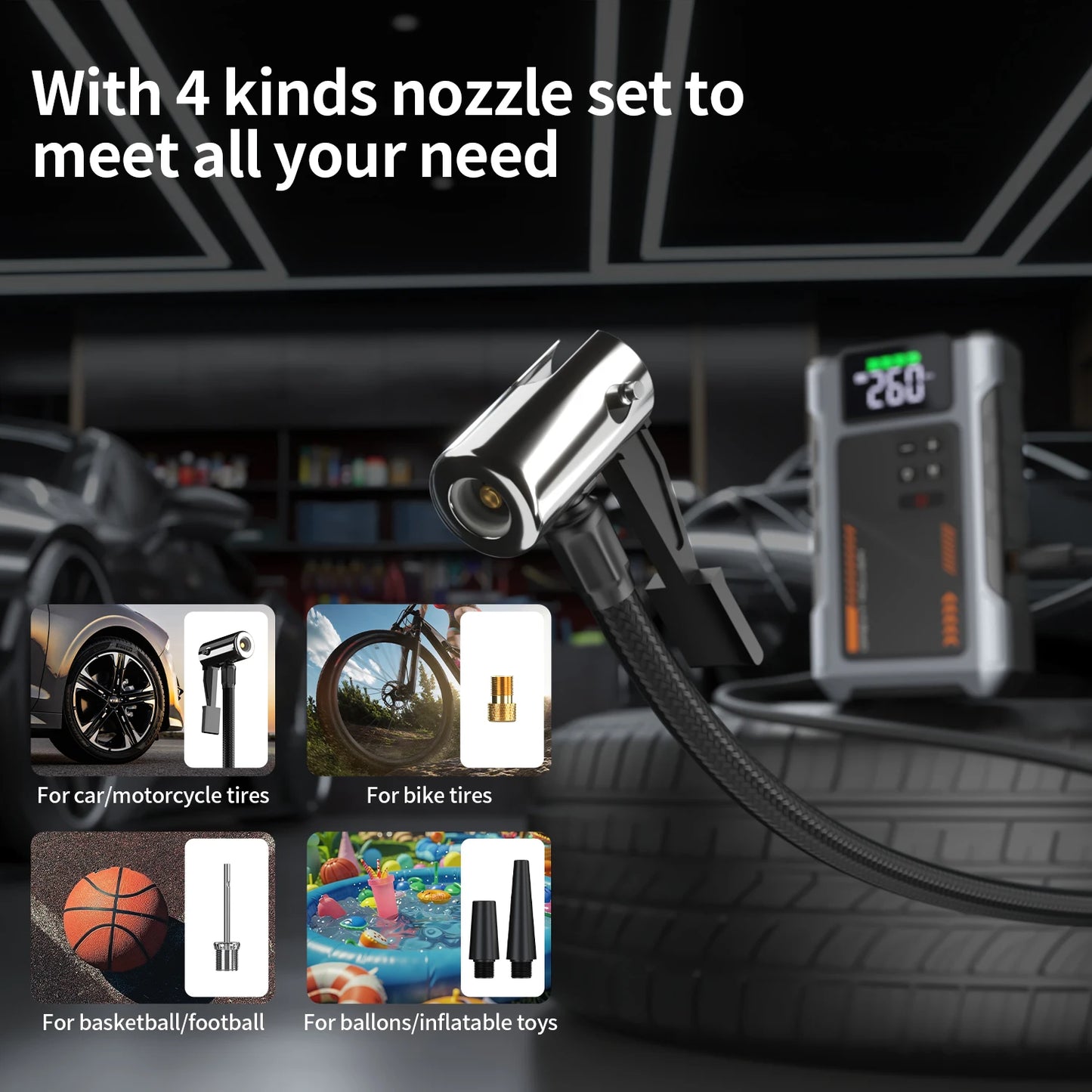 Geeneu Portable Car Jump Starter With Air Compressor 3000A Peak Power 12V Battery Pack Tire Inflator 150 PSI USB LED