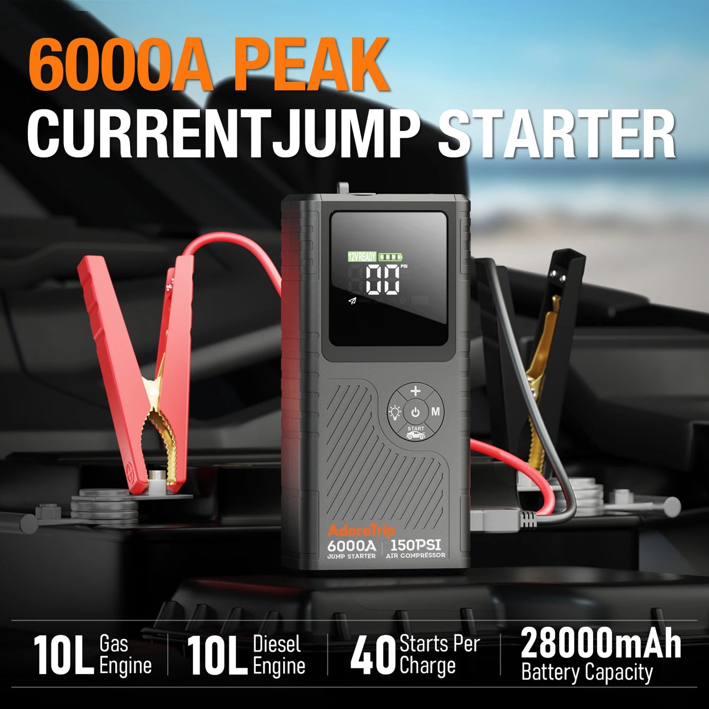 AdoreTrip 6000A Car Jump Starter With Air Compressor 12V