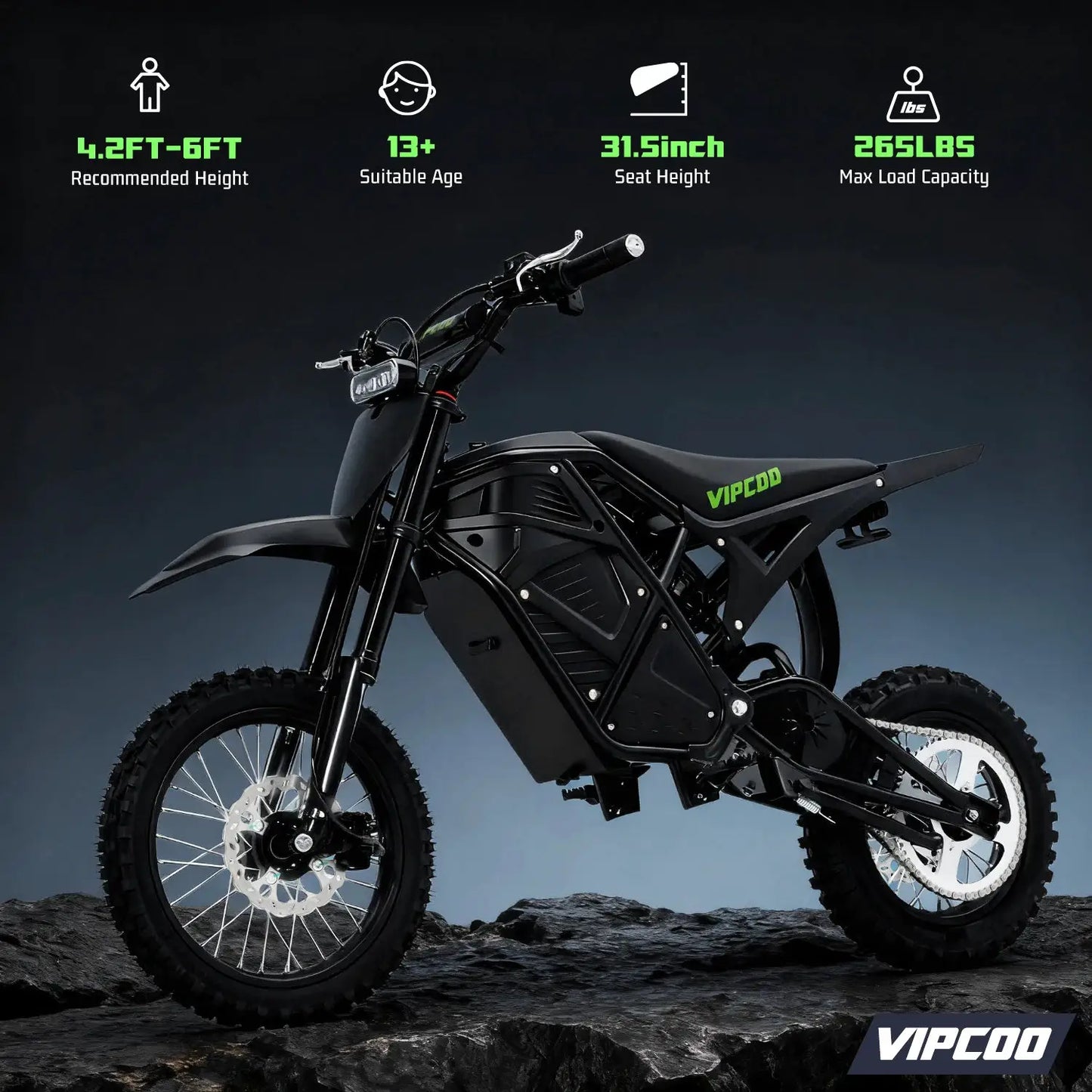 Electric Dirt Bike VIPCOO 3500W 48V23AH Electric Motorcycle Fat Tire Nitrogen Suspension E Dirt Bike for Teens and Adults by Beastly Survival Outlet