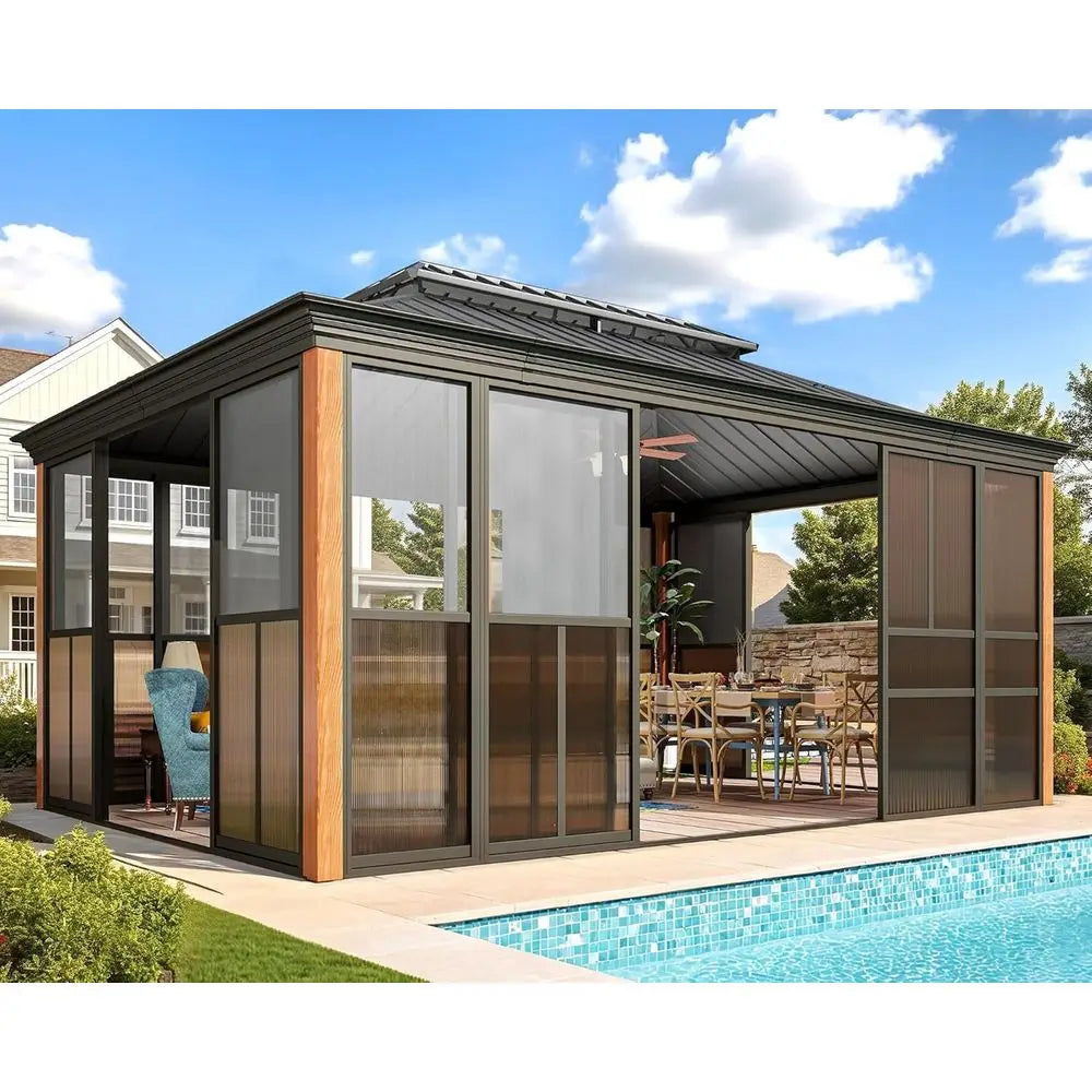 12x16 Hardtop Enclosed Outdoor Gazebo With Sliding Door Roof