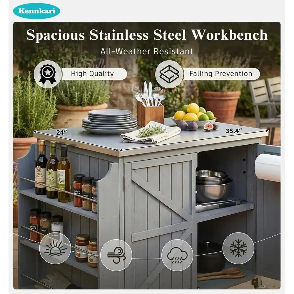 Outdoor Kitchen Island with Adjustable Shelf, Wood Grill Cart, Stainless Steel Top, and Storage Cabinet in Grey Blue by Beastly Survival Outlet