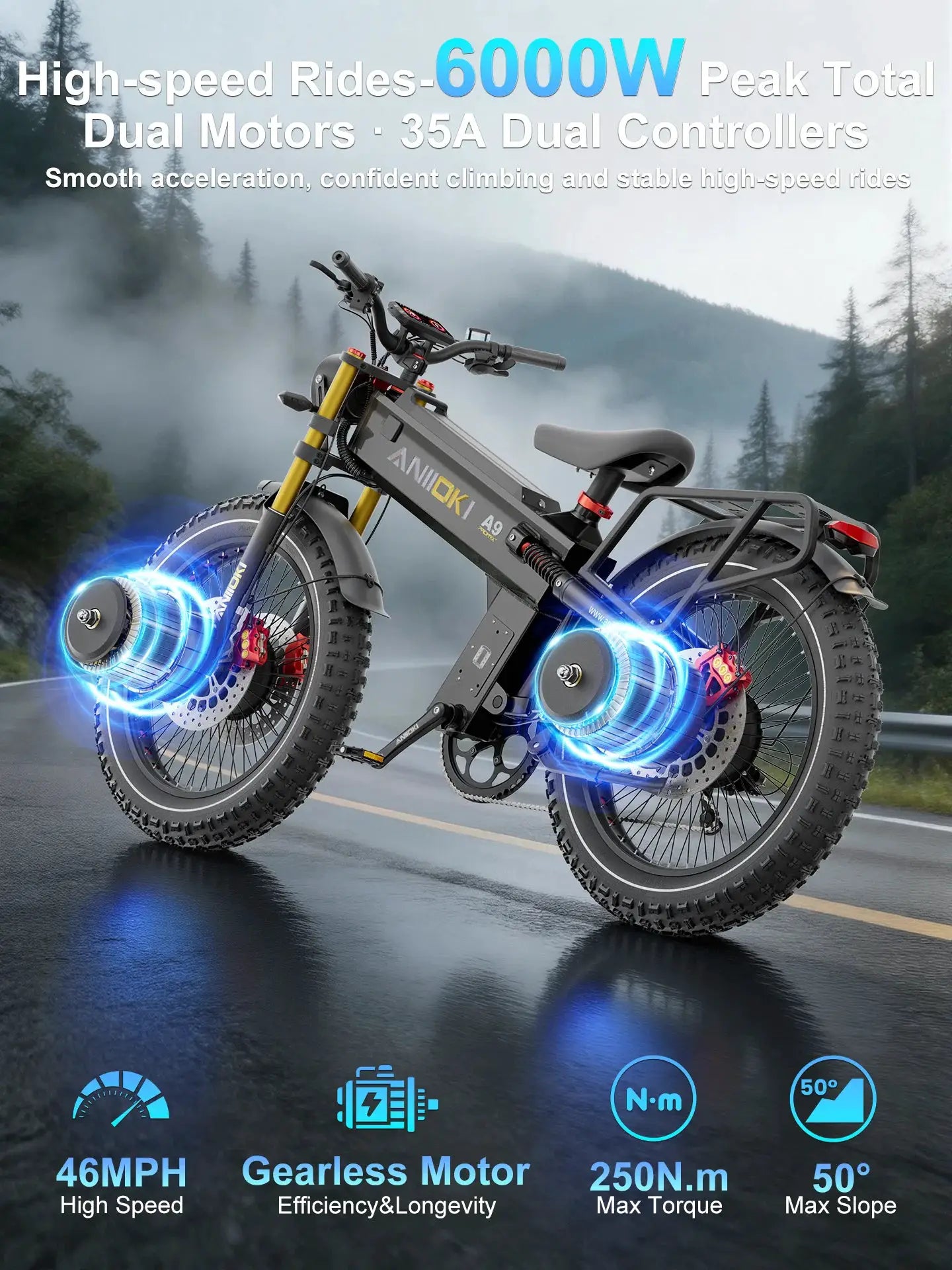 ANIIOKI Electric Bike 6000W 60V Dual Motors Ebike aniioki a9 pro max electric bike adults 45mph aniioki ebike Suspension AirFork by Beastly Survival Outlet
