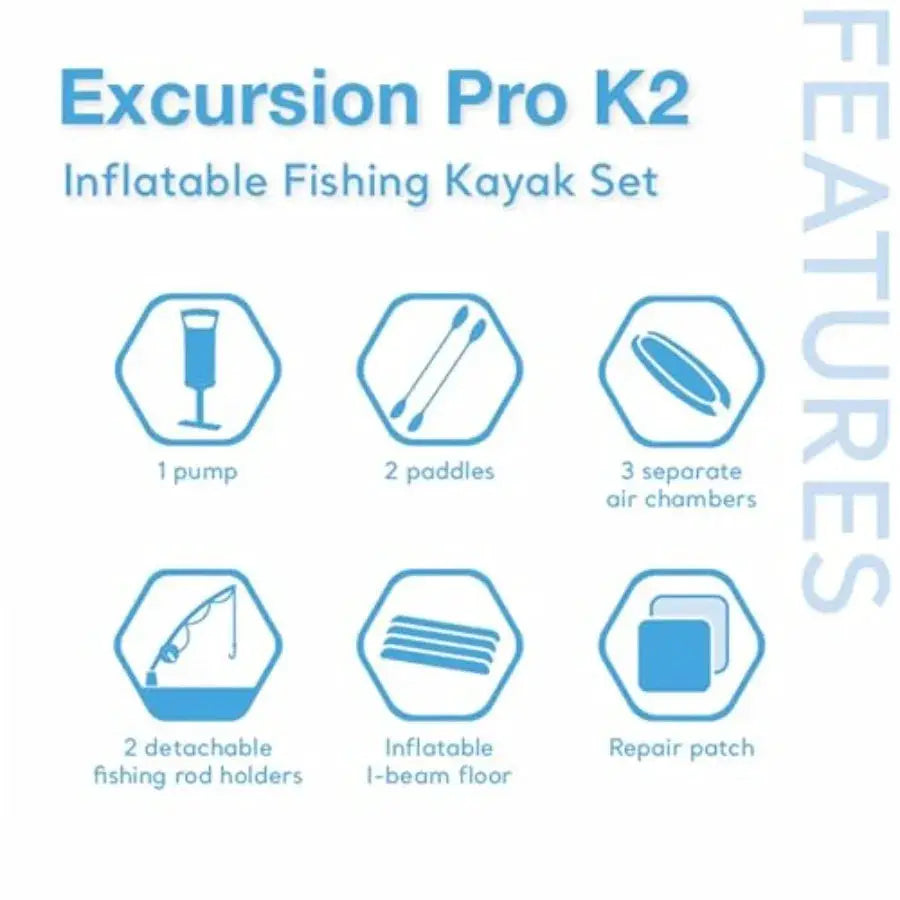 68309EP Excursion Pro K2 Inflatable Kayak Set: 2-Person 400lb Ccity SuperTough PVC Adjustable Bucket Seat Includes Deluxe 86in by Beastly Survival Outlet