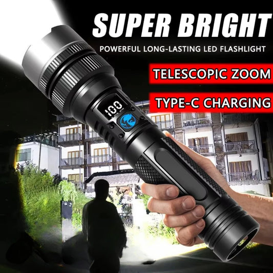 Powerful LED Flashlight With Zoom Digital Display Type C For