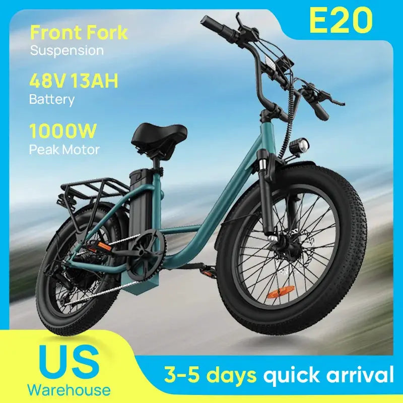URLIFE 1000W E20 Electric Bike | 48V 13Ah Removable Battery, 28MPH, 20''X3" Fat Tire, 7-Speed E-Bike with Dual Disc Brake by Beastly Survival Outlet