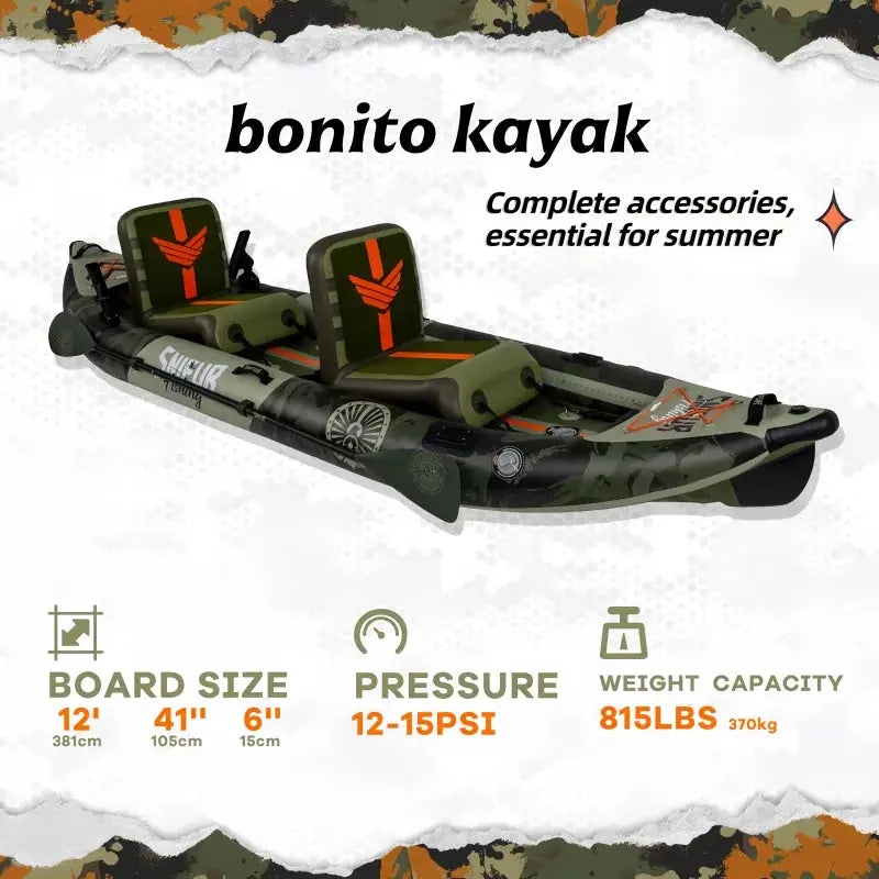 Funwater 2-Person Inflatable bonito kayak Complete 12'*41" *6" with Paddle & Rod Holders Adjustable Seats and Carry Handle by Beastly Survival Outlet
