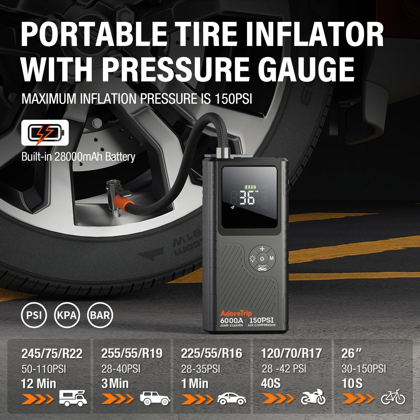 AdoreTrip 6000A Car Jump Starter With Air Compressor 12V