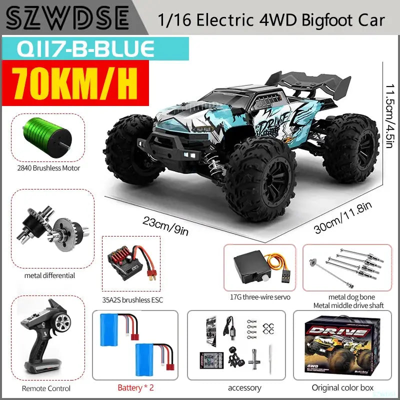 Wltoys Q117 1/16 RC Car 4WD Remote Control Car LED Headlights Brushless 70KM/H 2.4G High Speed Off-Road Drift Toys for Children by Beastly Survival Outlet