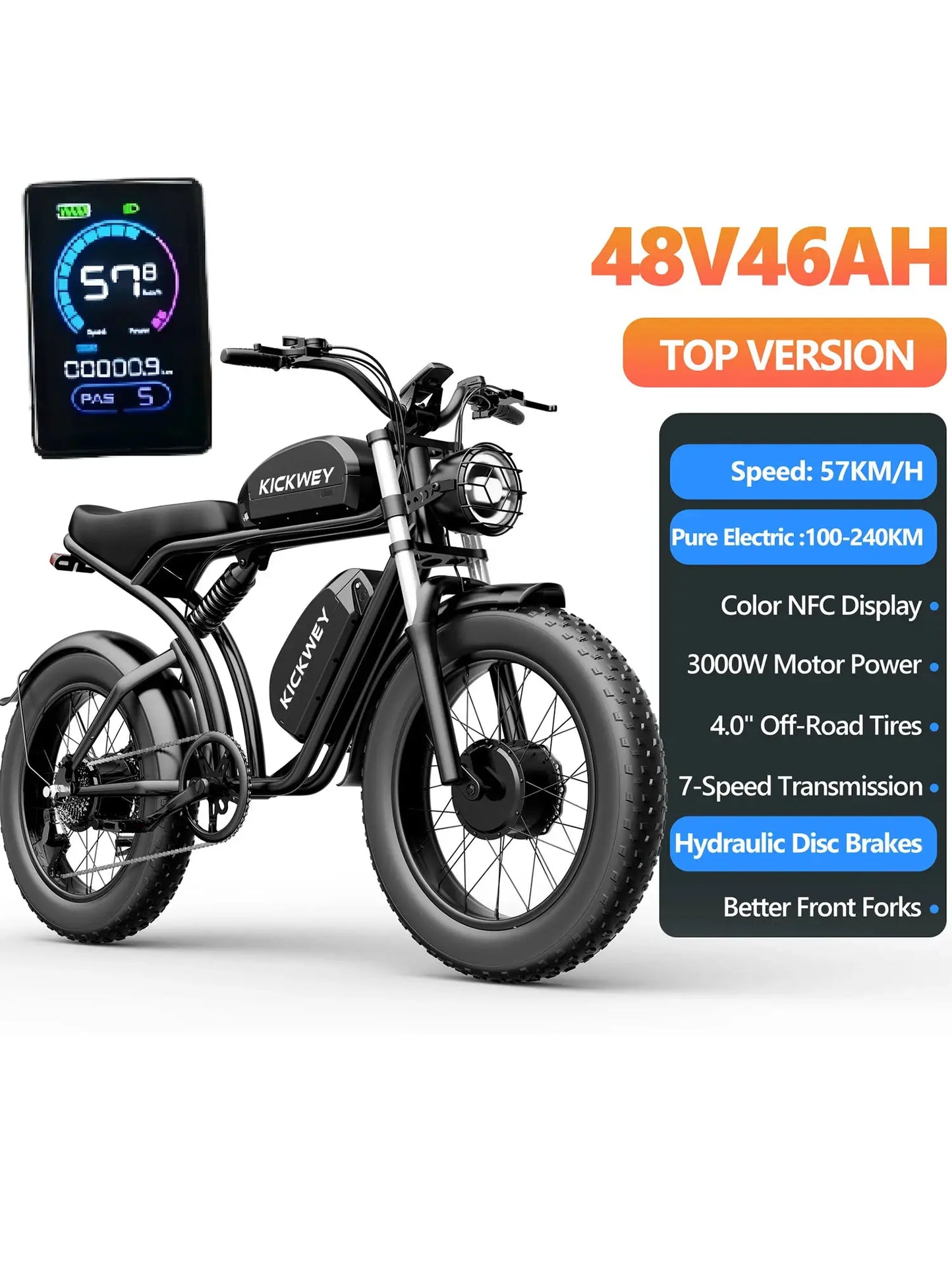 KICKWEY K7 Electric Bike, 3000W Off-Road Electric Bicycle, Full Suspension E-Bike, 20" Fat Tire All-Terrain Electric Dirt Bike by Beastly Survival Outlet