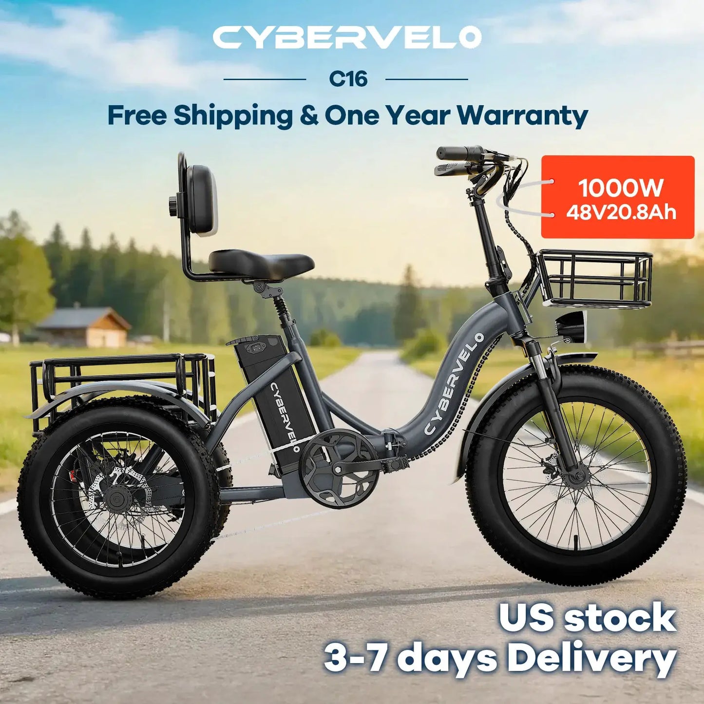 1000W Peak Three-Wheels Step-Thru Folding Ebike, 48V 20.8AH Removable Battery, 7-Speed Urban City Commuter Electric Tricycle for Adults Cybervelo C16 by Beastly Survival Outlet