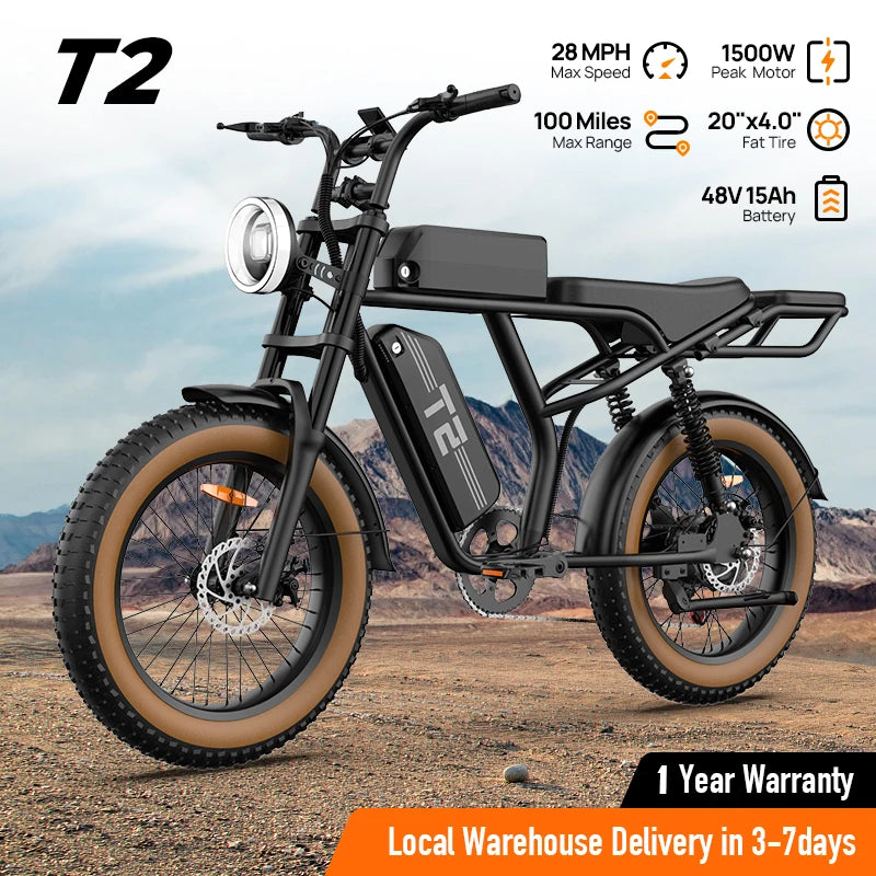 1500W Peak Electric Mountain Bike With Removable 48V 15.6Ah Battery 28 MPH 100 Mile Range 20x4 Fat Tires Free Shipping