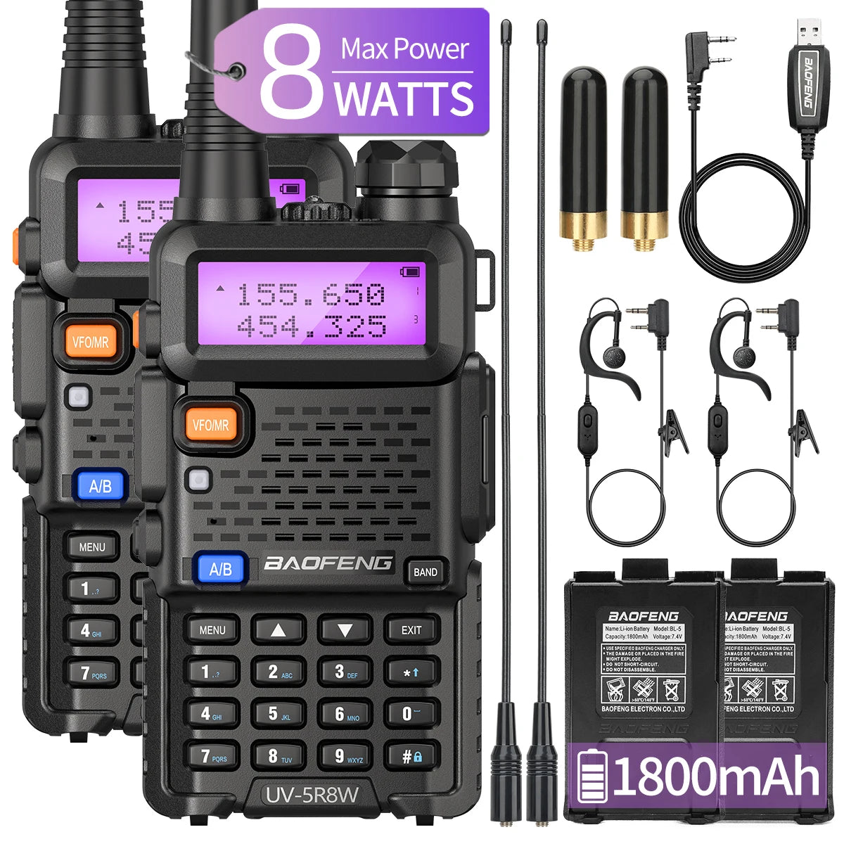 Baofeng UV5R 8W Dual Band Walkie Talkie 1800mAh Ham Radio