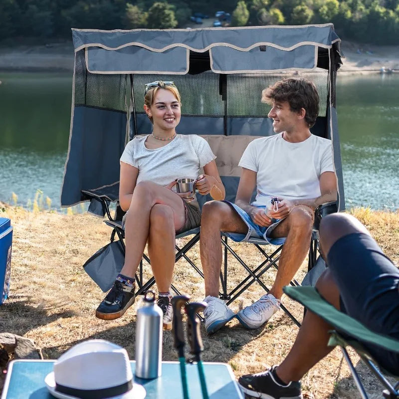 Double Beach Chair With Canopy Shade Folding Loveseat