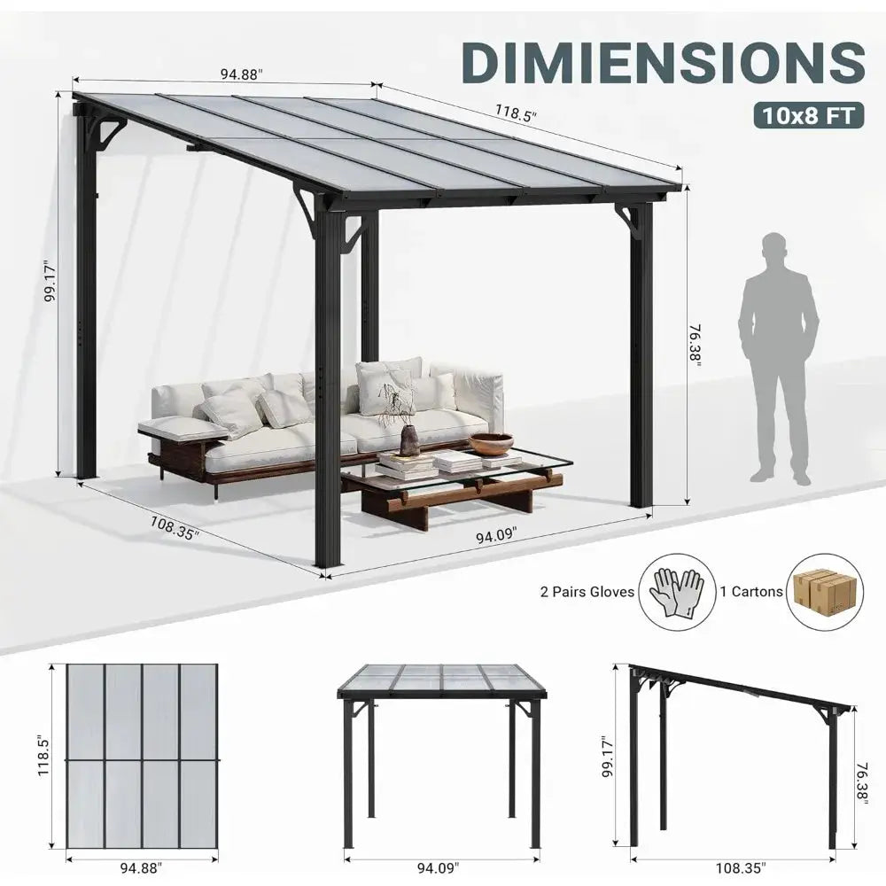 10'x8' Wall-Mounted Lean-To Gazebo, Aluminum Frame & Polycarbonate Hardtop with Sloped Roof, Outdoor Patio Pergola, Customized by Beastly Survival Outlet