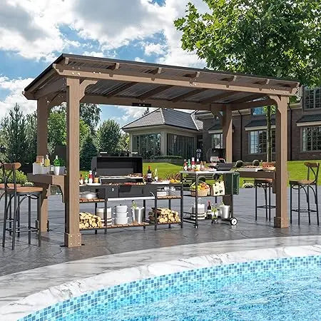Wooden Grill Gazebo With Sloping Roof Outdoor Patio Mocha