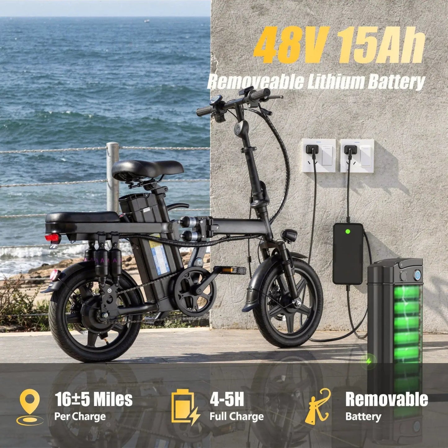 Foldable electric bicycle for adults, equipped with 14-inch tires, featuring 8 shock absorbers, a 500W motor power, a 48V 15Ah c by Beastly Survival Outlet