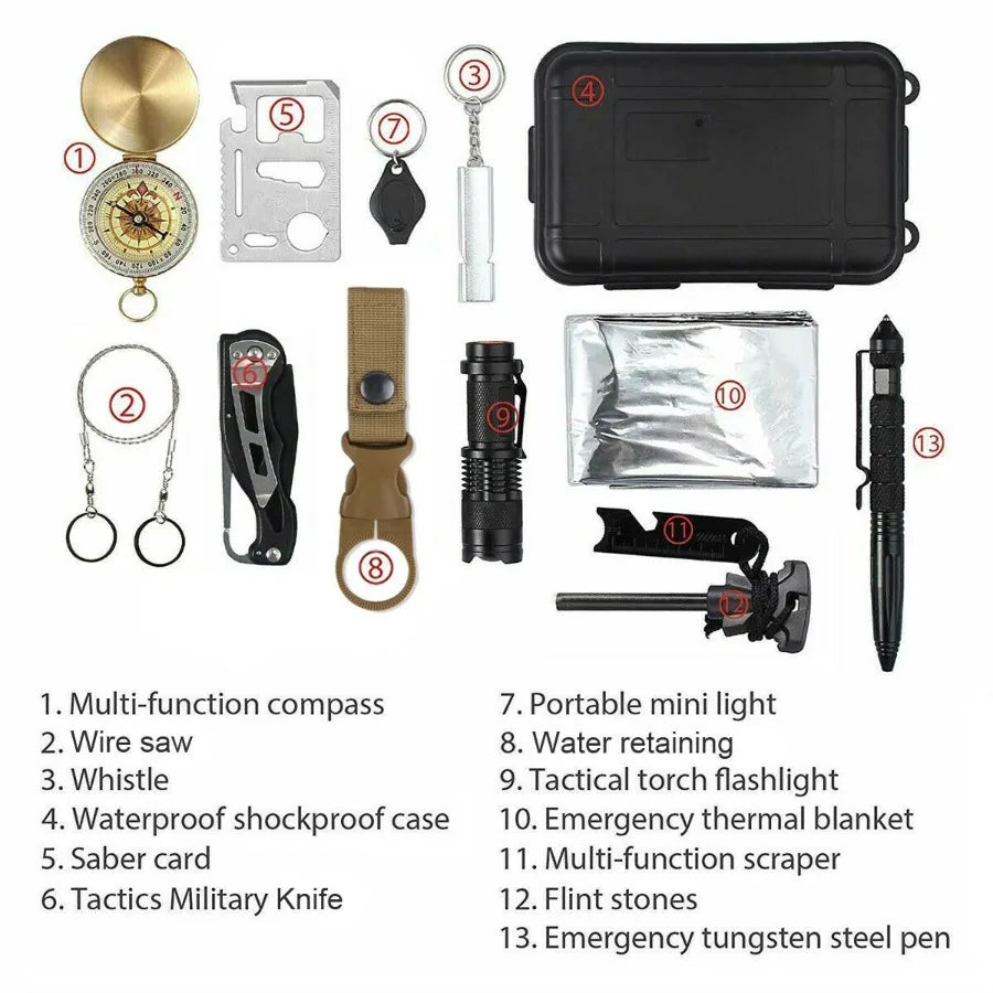 Outdoor Survival Gear Kit 14 In 1 Camping Tools SOS EDC