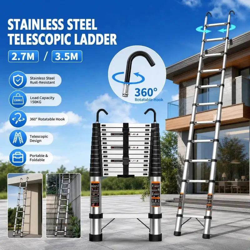 3.5m 2.7m Stainless Steel House Folding Ladder With 360° Rotatable Hook Telescopic Folding Telescopic Ladder Outdoor Portable Work Ladder by Beastly Survival Outlet