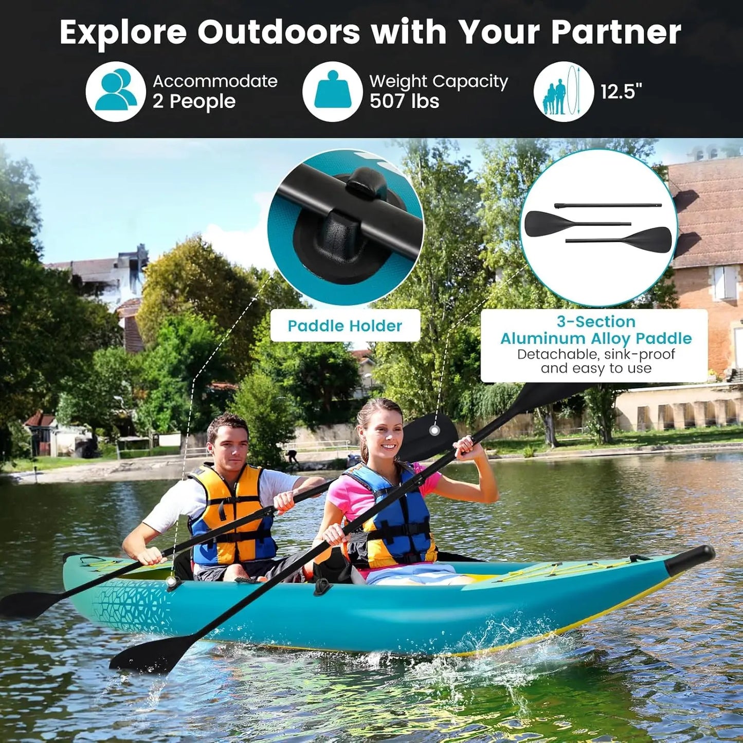 Beastly 12.5ft Inflatable Tandem Kayak Triple Chamber Safety