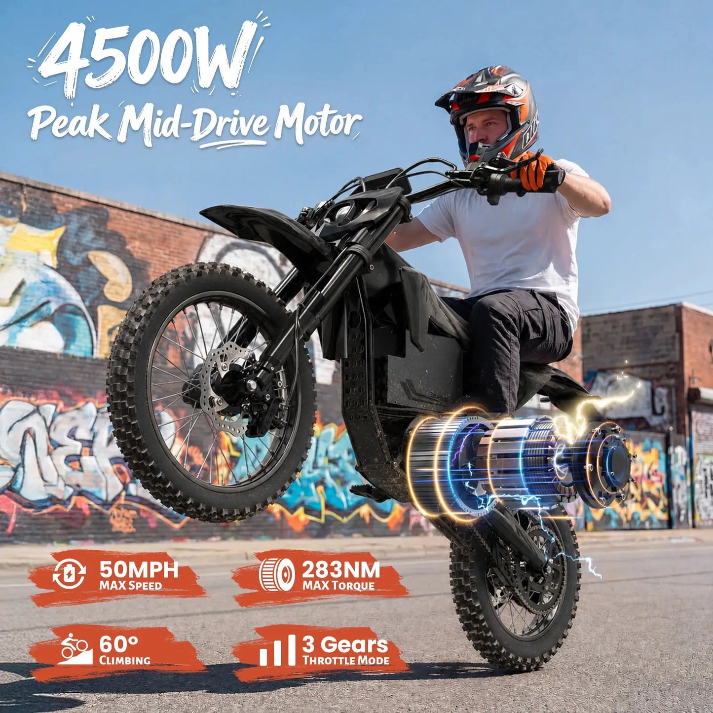 QRONGE X1 Spark L Electric Dirt Bike, 60V 28.8Ah Battery, 4500W Peak Mid-Drive Motor Electric Motorcycle, 17"/14"Fat Tire, 50MPH & 60 Mile Range, 3 Speeds Full Suspension E Bike for Teens & Adults + 1 Year Warranty by Beastly Survival Outlet