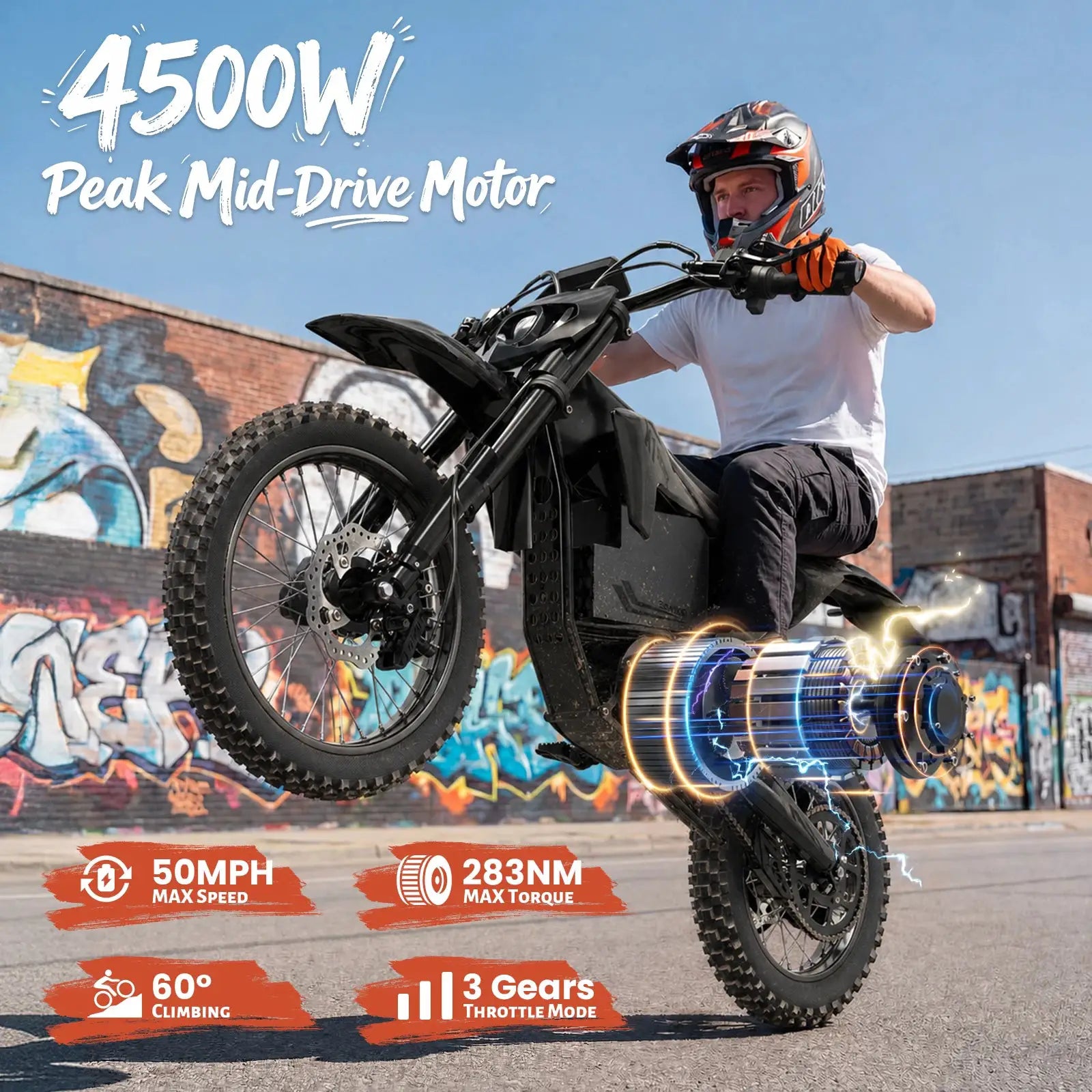 QRONGE X1 Spark L Electric Dirt Bike, 60V 28.8Ah Battery, 4500W Peak Mid-Drive Motor Electric Motorcycle, 17"/14"Fat Tire, 50MPH & 60 Mile Range, 3 Speeds Full Suspension E Bike for Teens & Adults + 1 Year Warranty by Beastly Survival Outlet