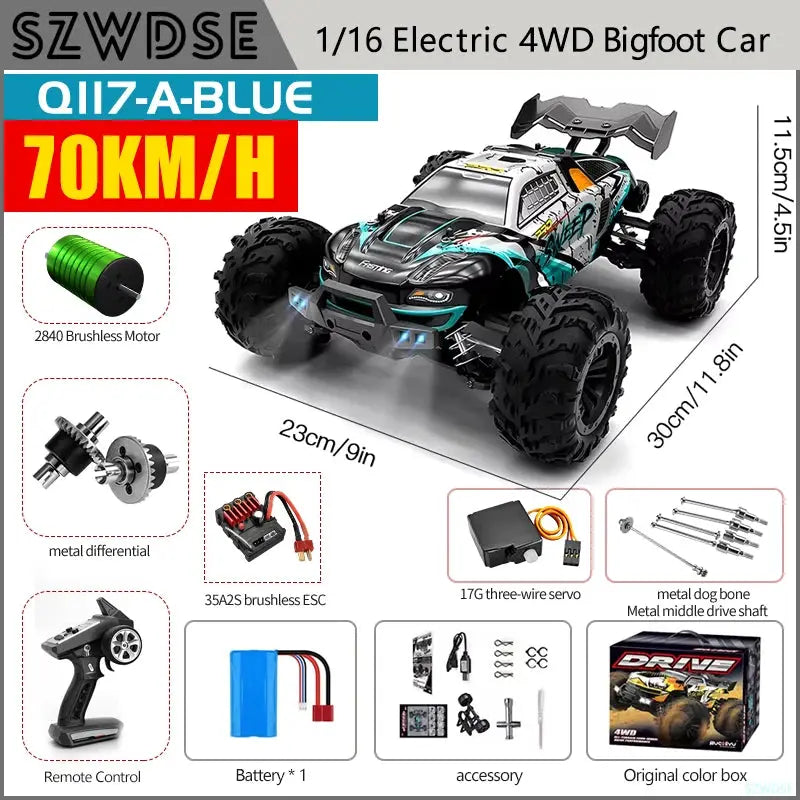 Wltoys Q117 1/16 RC Car 4WD Remote Control Car LED Headlights Brushless 70KM/H 2.4G High Speed Off-Road Drift Toys for Children by Beastly Survival Outlet