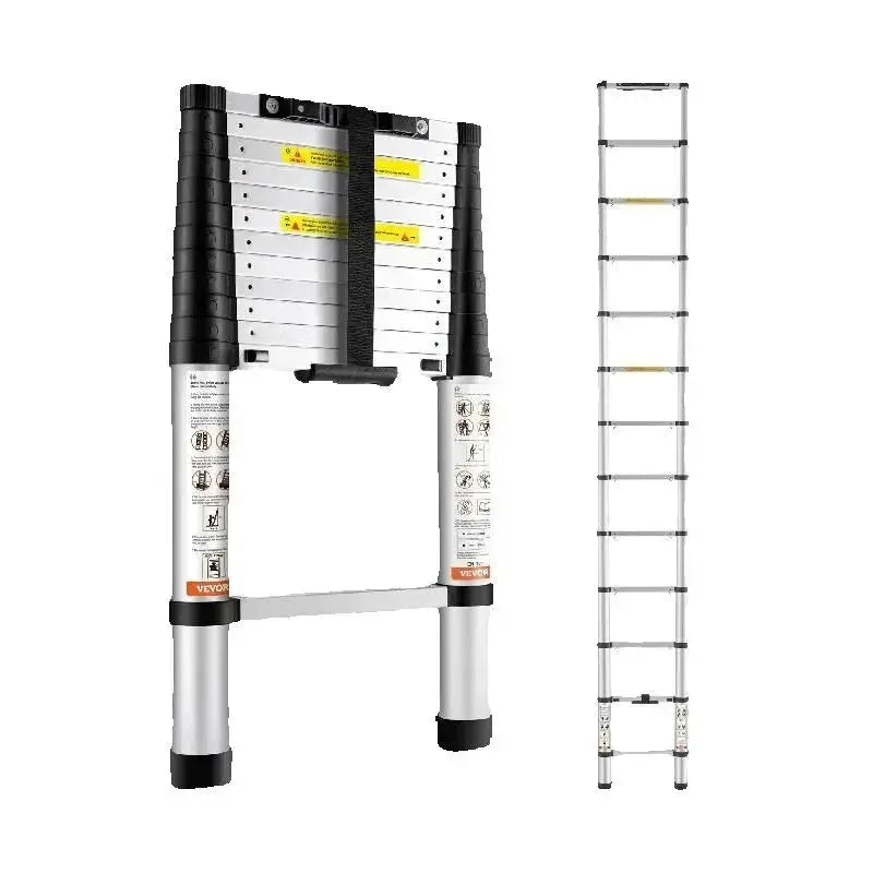 SucceBuy Telescoping Ladder 12.5 FT Aluminum One-Button Retraction Collapsible Extension 375 LBS Capacity w/Non-Slip for Home RV by Beastly Survival Outlet