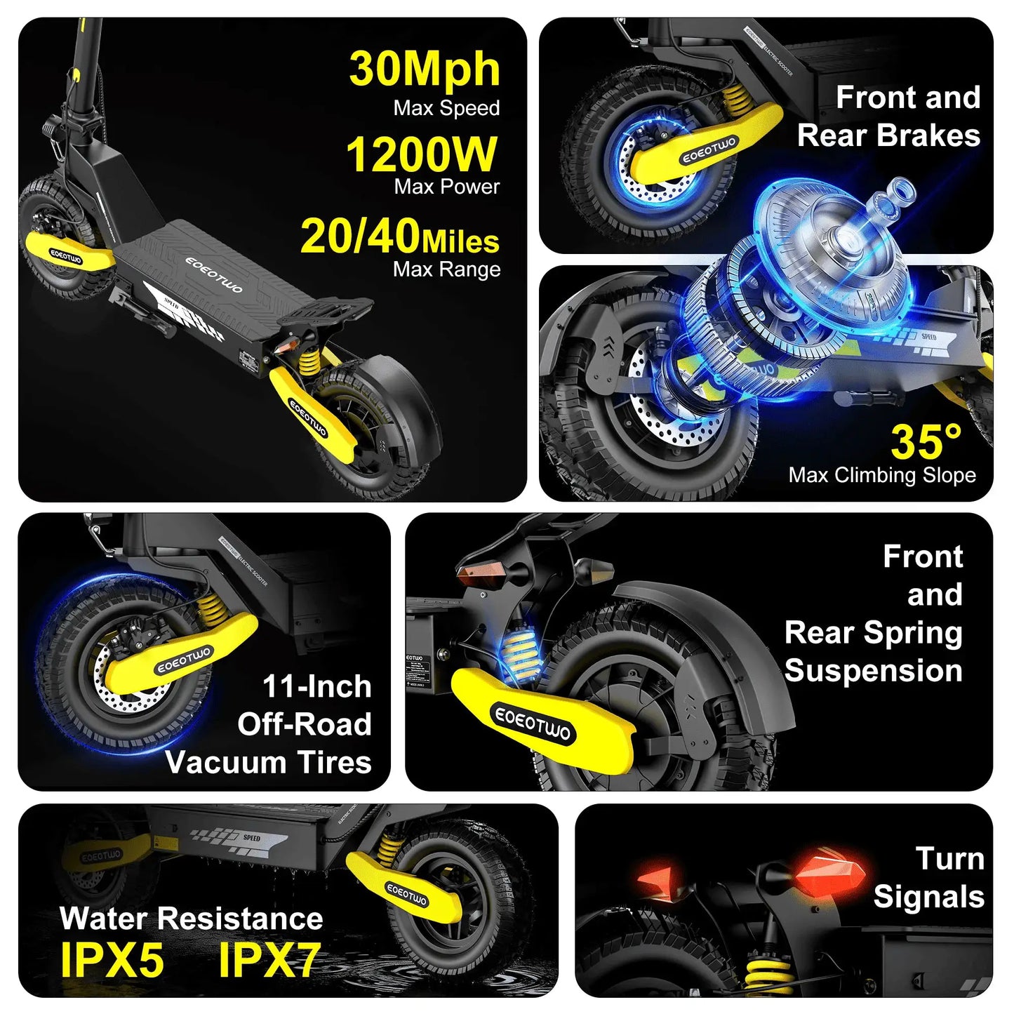 EOEOTWO 1200W Off Road Electric Scooter for Adults 48V Long Range E-Scooter 30MPH Fast Speed 11" Tubeless Tire Foldable Kick Scooter by Beastly Survival Outlet