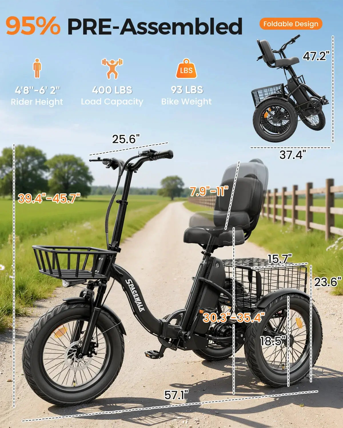 Spacewalk 1200W Peak Electric Trike for Adults, 48V 15Ah Battery 3 Wheel Electric Bike with 60 Miles Range, 18×3.0 Fat Tires, Dual Disc Brakes, Rear Cargo Basket, Adjustable Comfort Seat, Folding E Tricycle for Seniors-Black by Beastly Survival Outlet