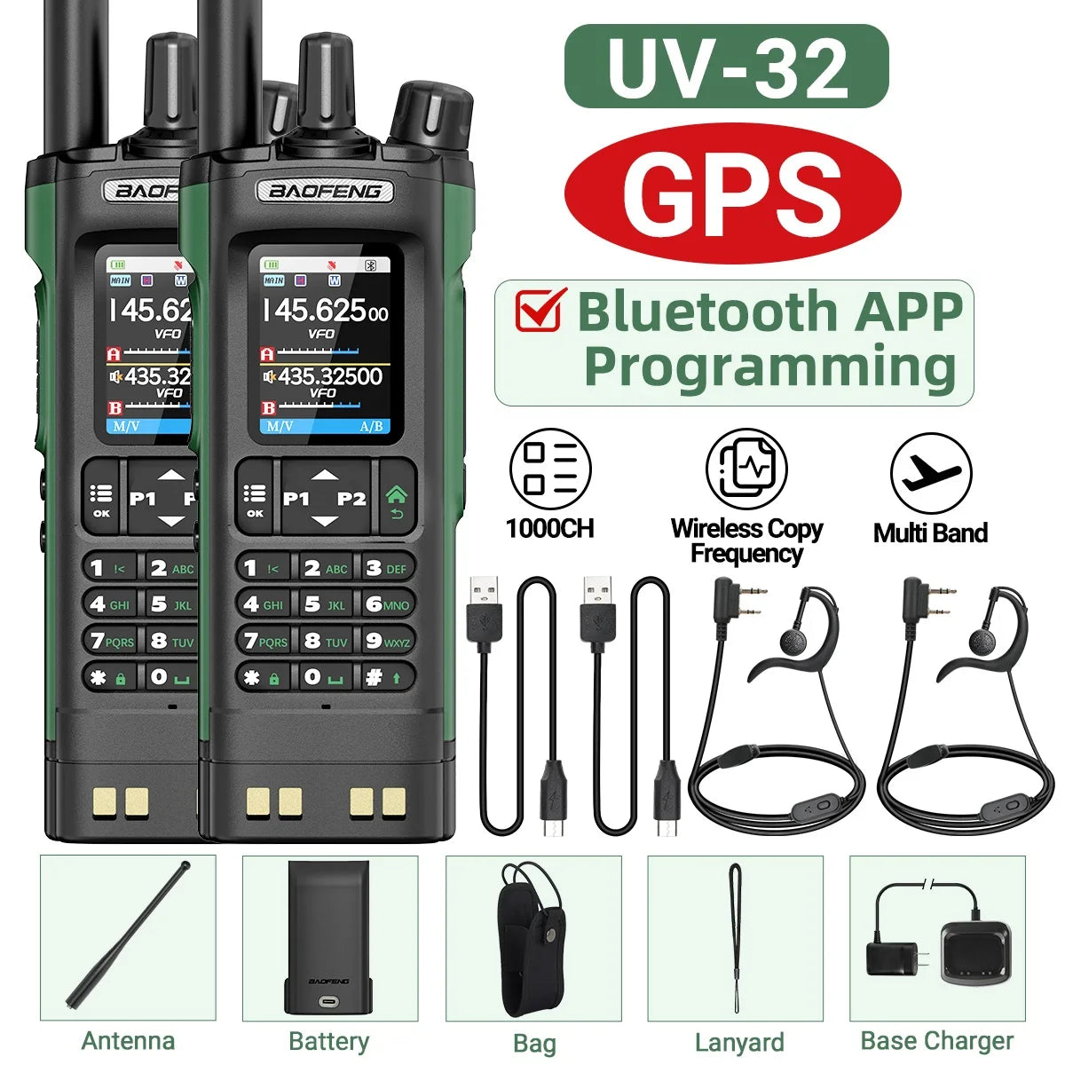 Baofeng UV 32 GPS Walkie Talkie 10W Long Range Bluetooth