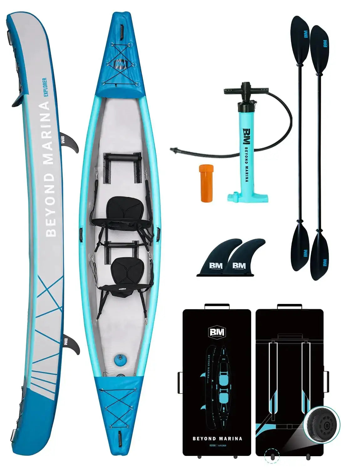Inflatable Kayak 1 & 2 & 3 Person Adult- Full Drop Stitch Kayak with Aluminum Paddles, Seats, Footrests, Pump, Fins, Customized by Beastly Survival Outlet