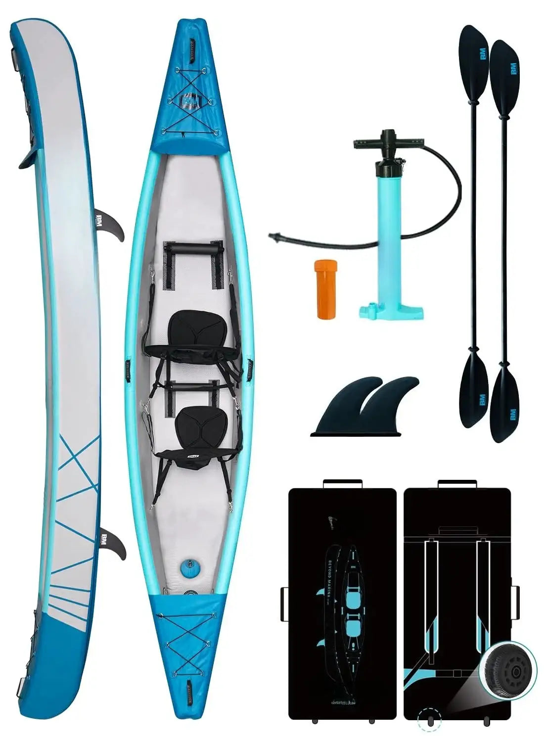 Inflatable Kayak 1 & 2 & 3 Person Adult- Full Drop Stitch Kayak with Aluminum Paddles, Seats, Footrests, Pump, Fins, Customized by Beastly Survival Outlet